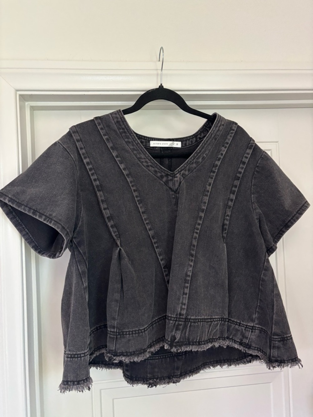 Altar’d State Black Denim V-Neck Short Sleeve Panel Top